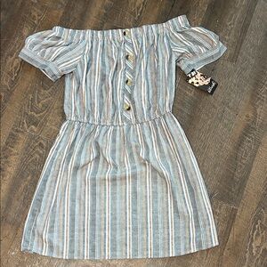 HINT OF BLUSH Summer SunDress Women LG Peasant On/Off Shoulder BLUE/WHITE FLORAL